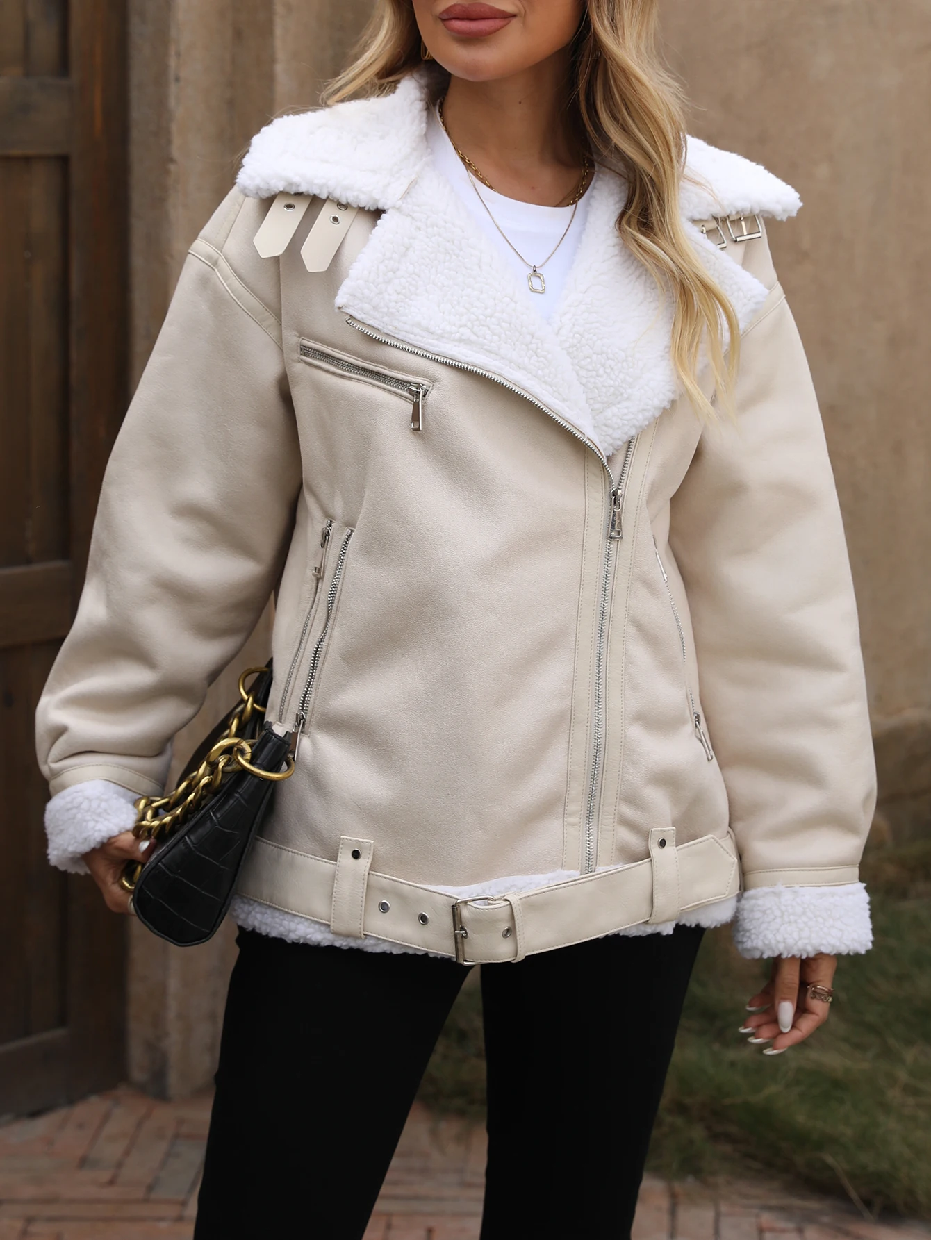 Winter dames faux scheren bontjas warme dikke bont gevoerde kunstleren jas