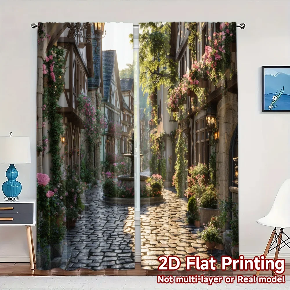 2pcs, 2D FLAT PRINTING Curtains (Without Rod) Stoneflower Alley Print Chic Curtains Versatile Fabric Curtains Versatile All