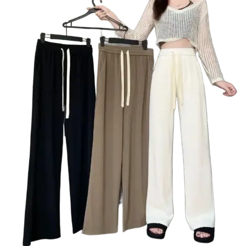 여성용 와이드 레그 팬츠 하이 웨이스트 여름 얇은 바지 루즈 캐주얼 스트레이트 레그 바지
