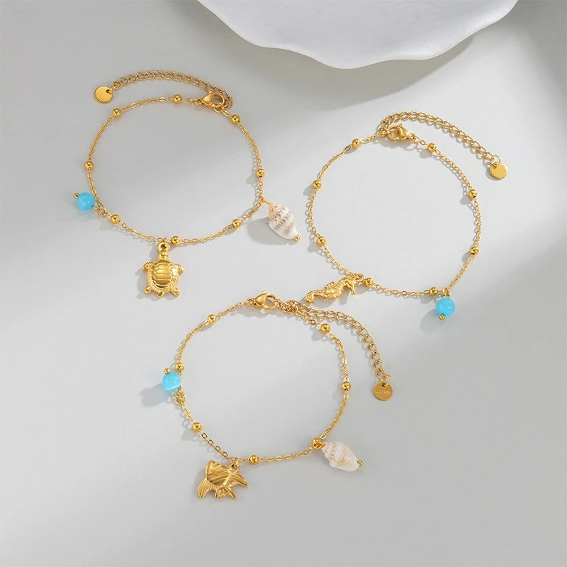 

No Fading Gold Color Stainless Steel Bracelet Ocean Style Turtle Fish Pendant Waterproof Summer Beach Jewelry Gift Women