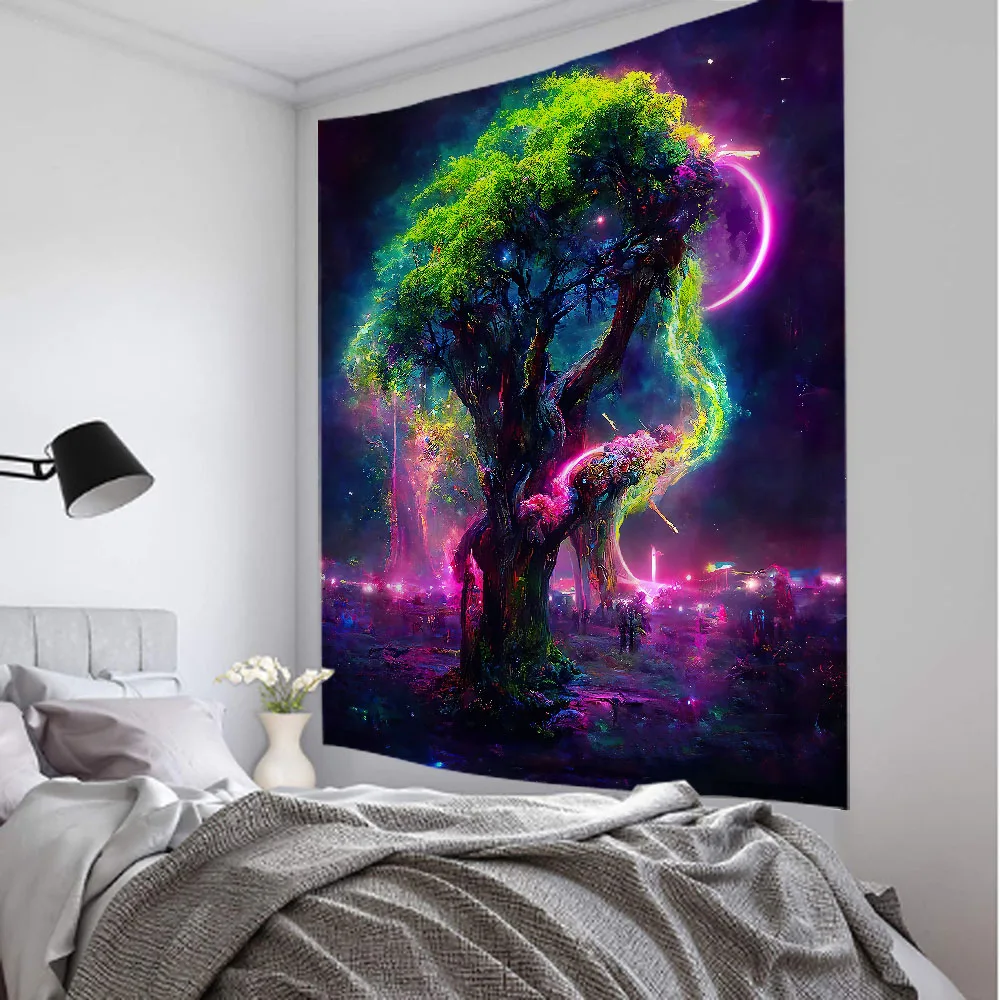 Life Tree Tapestry Fantasy Starry Sky Wall Hanging Cloth Cartoon Fantasy Home Wall Decoration Bedroom Background Wall Decoration