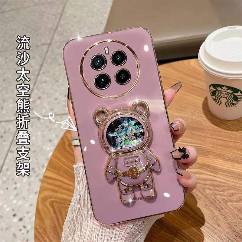 For Realme 12 Pro Plus Astronaut Quicksand Holder Phone Case For OPPO Realme 12 Pro+ 11 Pro Plating Stand Soft Silicone Cover