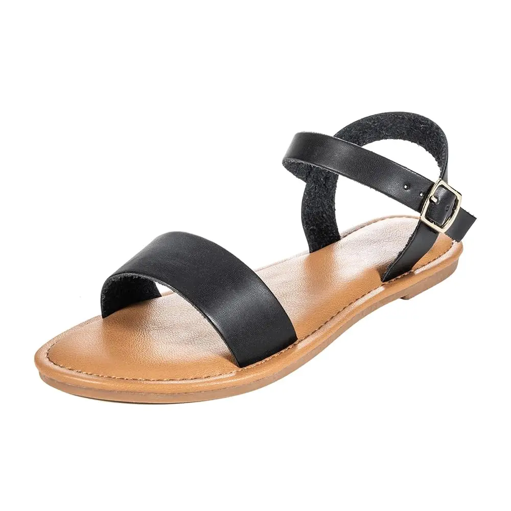 

Women's Memory Foam Comfortable Vegan Leather Flat Sandals with Adjustable Buckle Straps and Non-Slip Rubber Sole