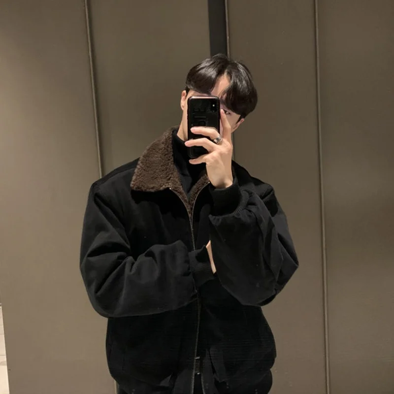 

Зимняя утепленная мужская куртка в корейском стиле, ретро, с воротником из овечьей шерсти, модная, на молнии