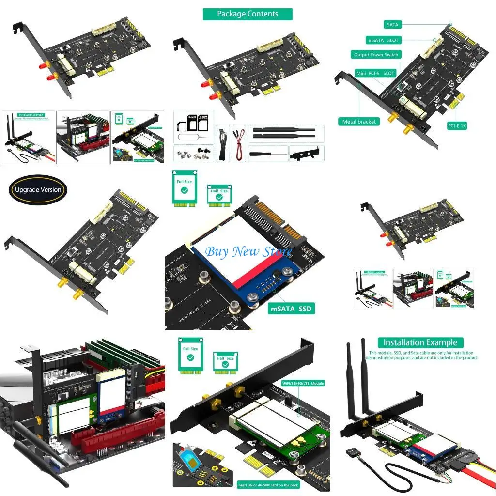 

20CE 2-in-1 Combo Mini PCIE to PCIE 1x and MSATA to SATA3 Adapters with Card Slot for WiFi/ 3G/4G/ Msata