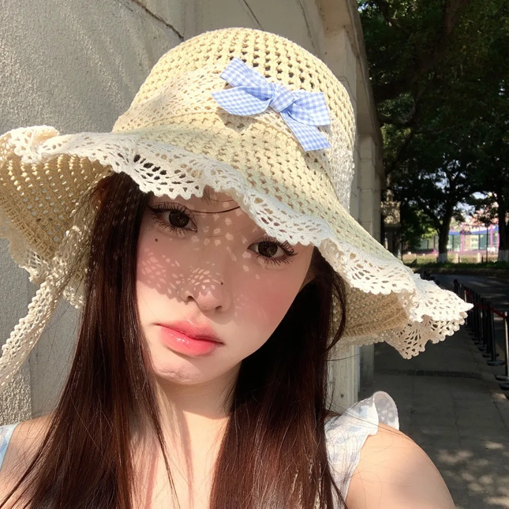 

Fashion Sweet Bow Ribbon Straw Hat French Style Big Brim Lace Bucket Hat Foldable Beach Women's Sun Hat Lady