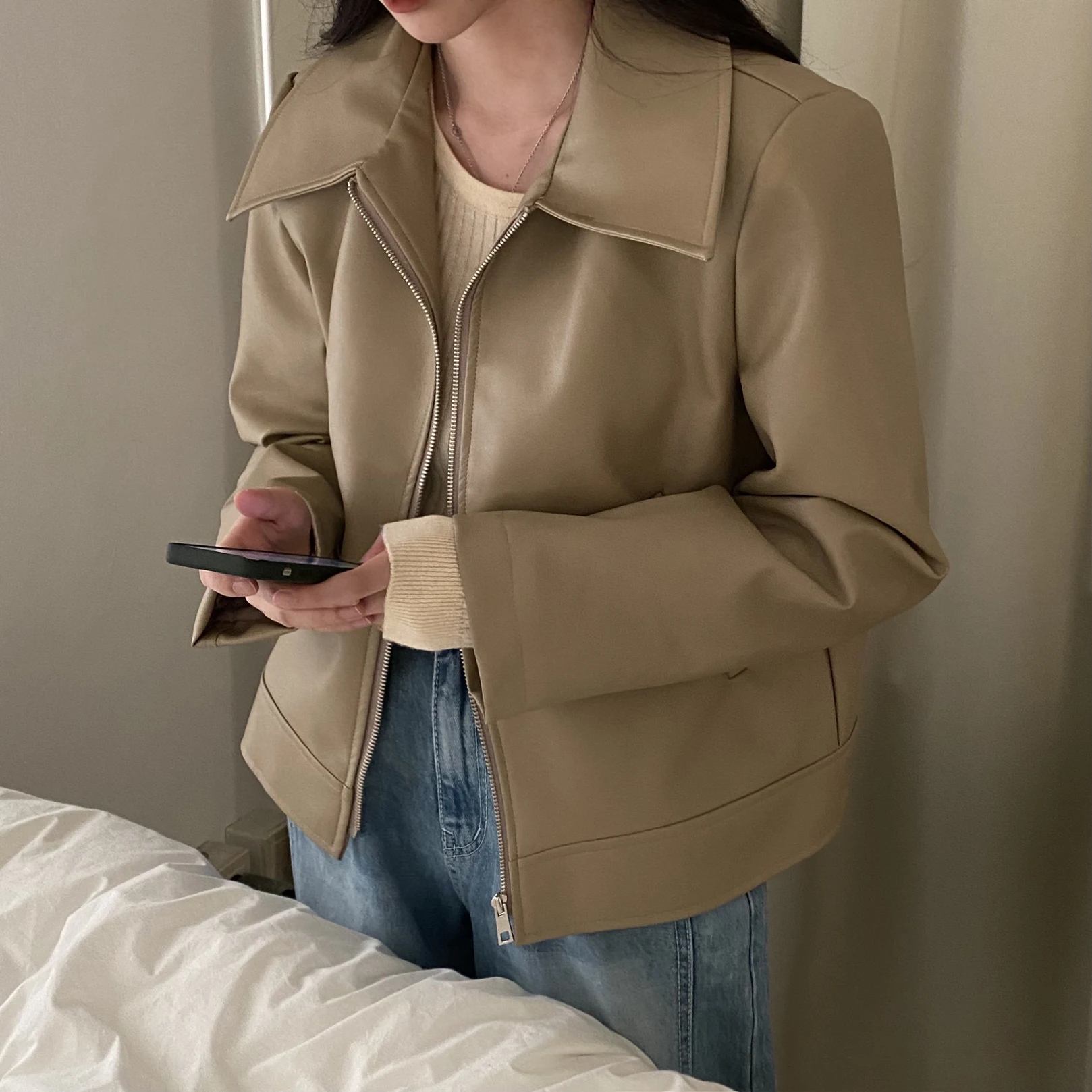 

Универсальная корейская кожаная мотоциклетная куртка Sli с длинными рукавами на молнии, повседневная модная женская верхняя одежда