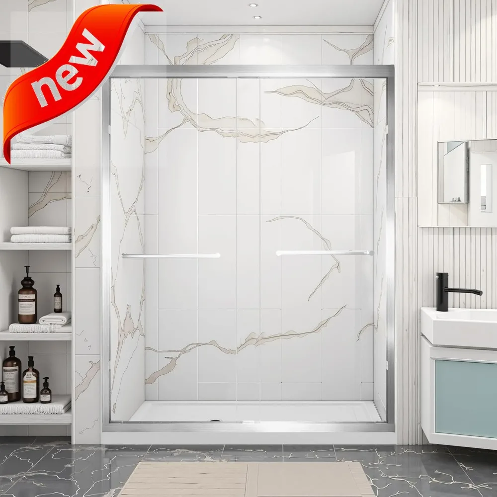 

56-60 Inch Wide by 72 Inch Tall Semi-Frameless Double Sliding Shower Door with 6mm Thick Glass for Bathroom
