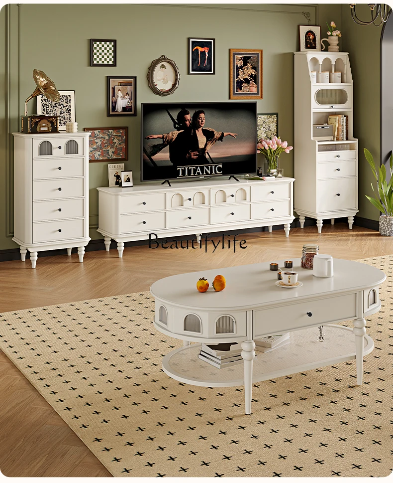 French Retro White Solid Wood Glass Coffee Table TV Cabinet Light Luxury Small Apartment Living Room Combination