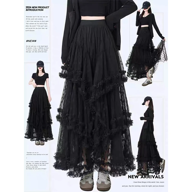 ZHIZOU Vintage Gothic Black Skirts Women Fairycore Grunge Lace Patchwork Trumpet Skirt Punk Streetwear Partywear Alt Skirts