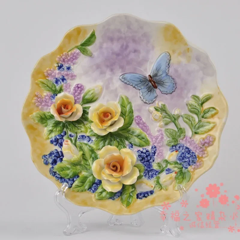 

Roses and butterfly Decorative Plate European-style Hand-painted Ceramic Hanging Plate Home Decoration Furnishings Wedding Gifts