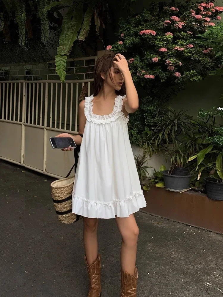 HOUZHOU Women Casual Sleeveless Ruffles Mini Dress White Boho Beach Sundress Cute Girl Home Dresses Loose Summer Dress Oversized