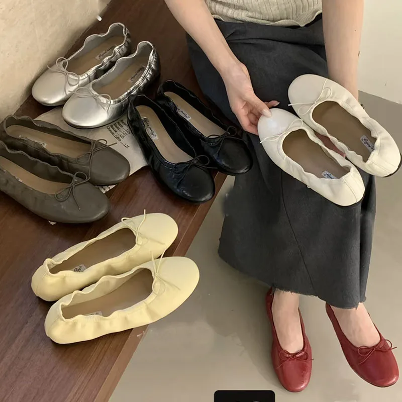 Modische Damen-Ballerinas mit Rundem Zehenbereich, Slip-On Schuhe mit Schleifenverzierung für Frühling und Herbst – Detail 1