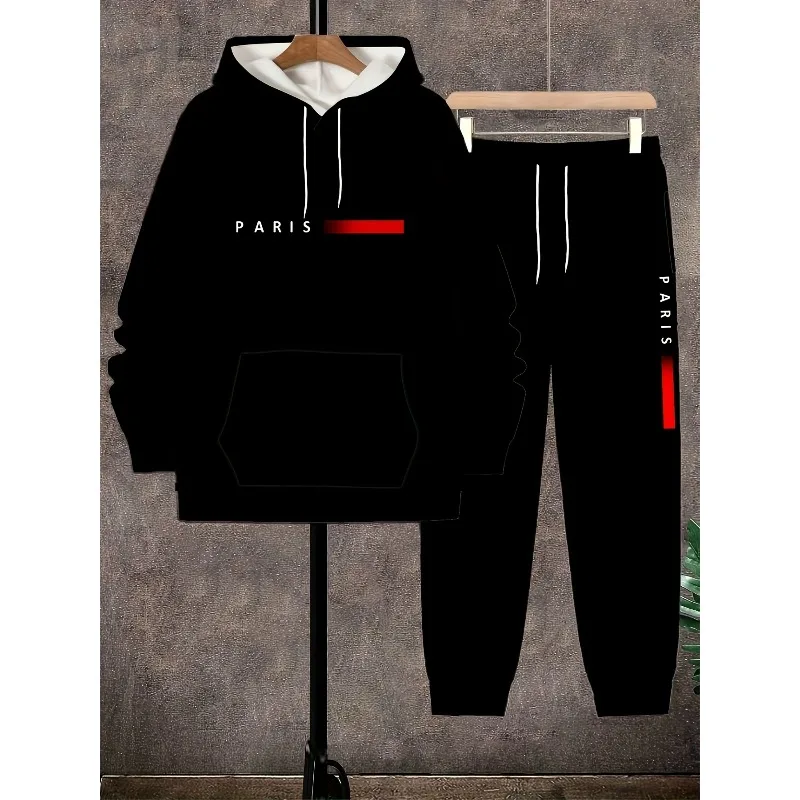 2 piece Men's Paris Letter Striped 3D Printed Comfortable Hooded and Long Pants Set Suitable for Spring and Autumn Wear