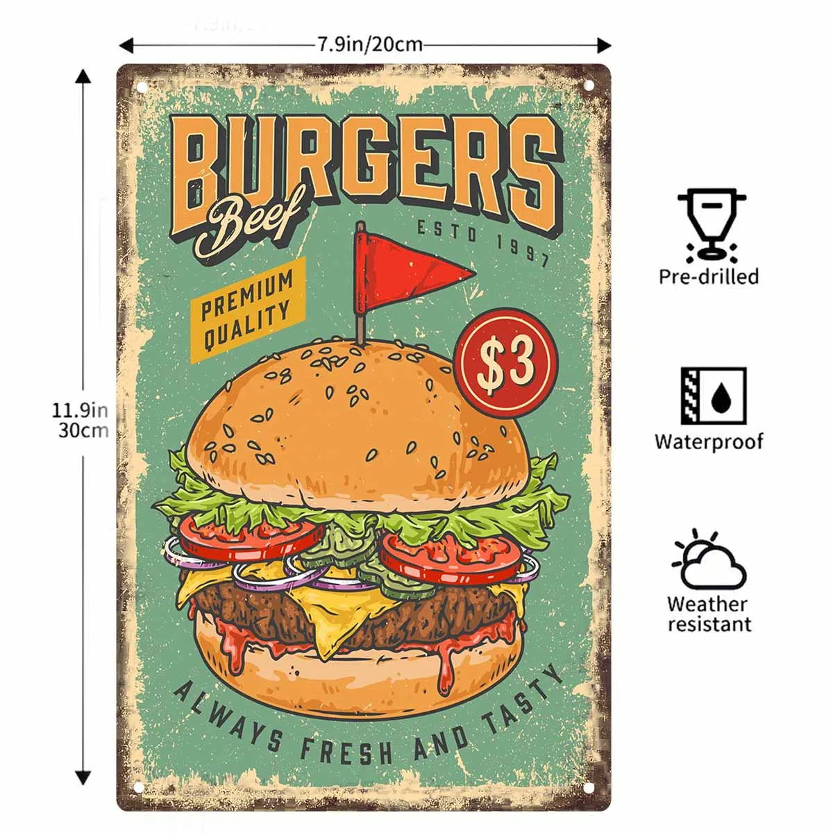 2D FLAT 1pc Vintage Burgers Beef Premium Quality Metal Wall Sign Decoration for Kitchen Restaurant Cafe Bar Garage Bedroom Porch
