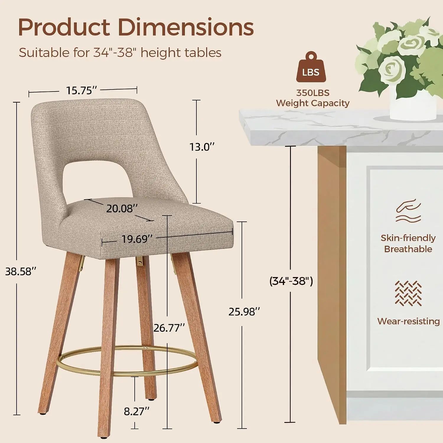 Swivel Bar Stools Set of 4, Upholstered Counter Height Bar Stools, Modern Mid Century Counter Stools with Wood Legs, Customized