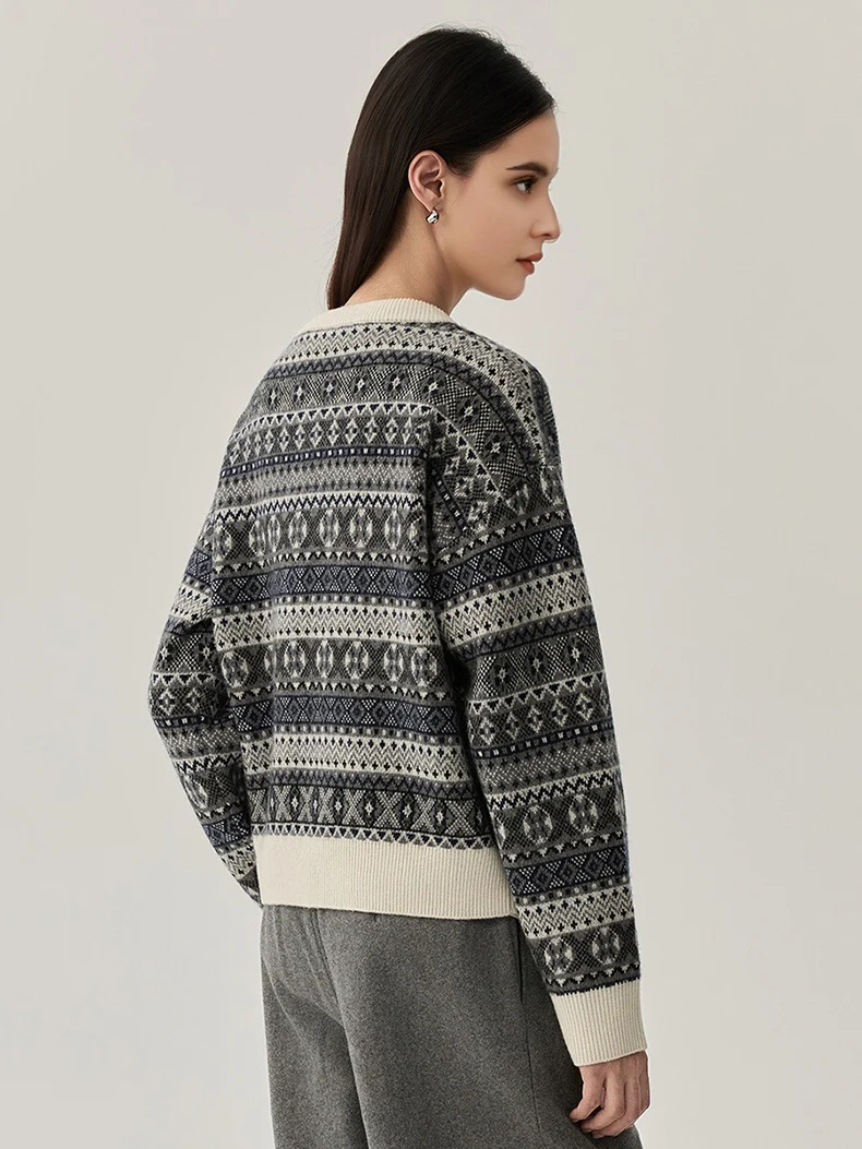 SuyaDream، سترة جاكار نسائية، صوف خروف 100%، رقبة دائرية، بلوفرات دافئة، بلوزة محبوكة لخريف وشتاء 2025، رمادي، بني