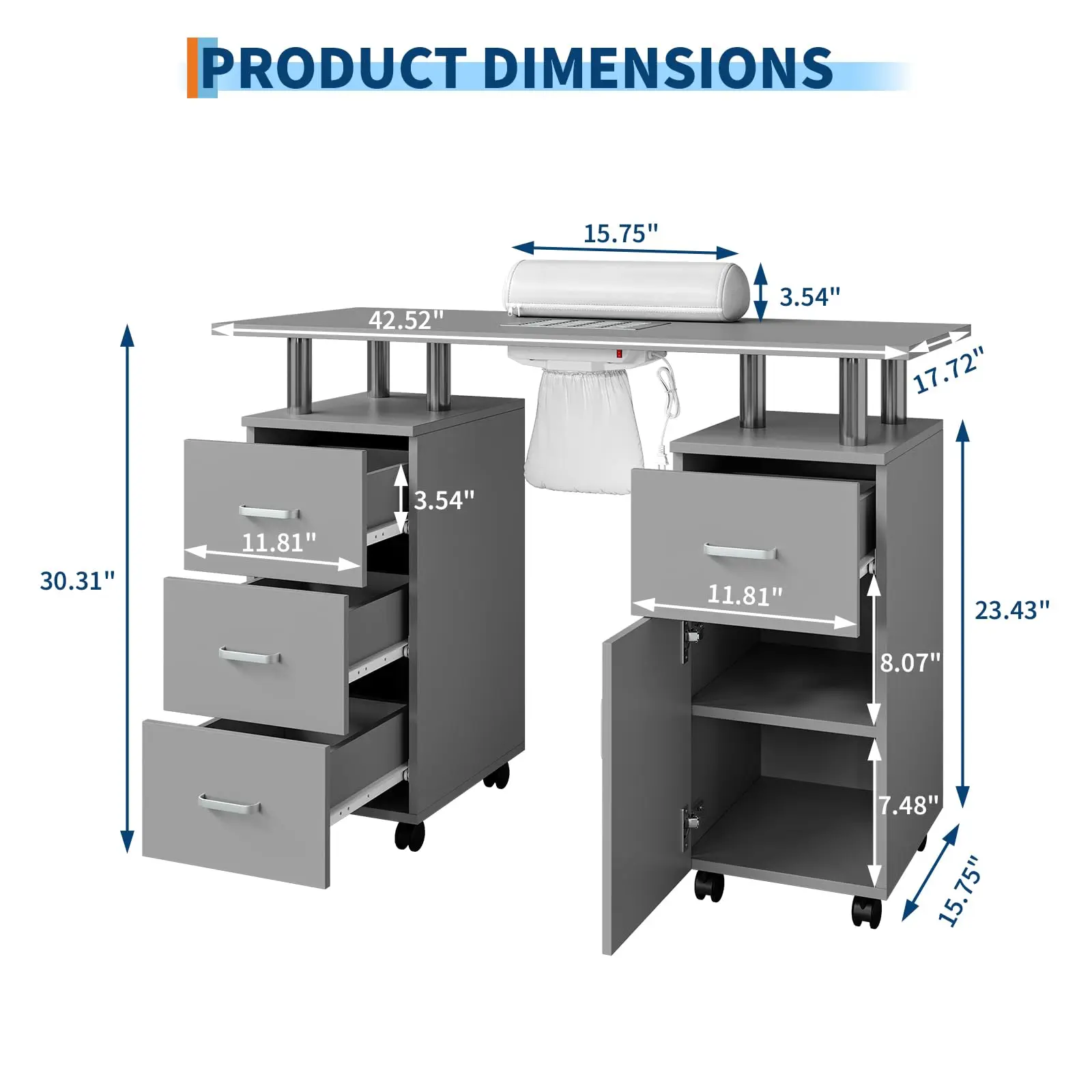 Manicure Table for Nail Tech, Nail Desk Table Station with Electric Dust Collector Side Cabinet 4 Drawers and Wrist