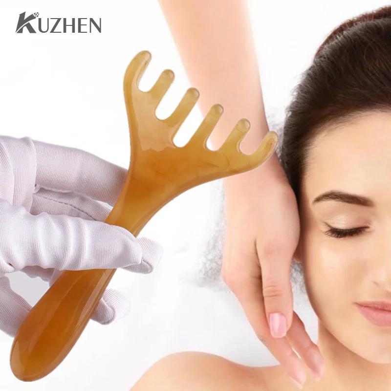 Resin Antler Wide Tooth Long Handle Comb Meridian Massage Anti-static Head Six Claw Massager Promote Blood Circulation