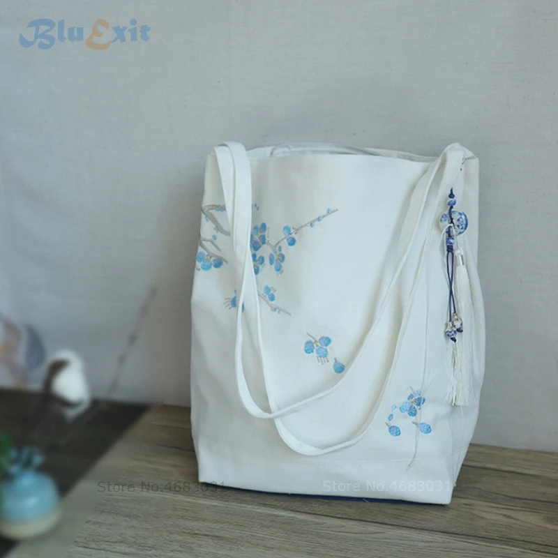 

Chinese Embroidery Tote Bags Floral Canvas Shoulder Zipper School Ancient Women Traditional Hanfu Tassels Pendent