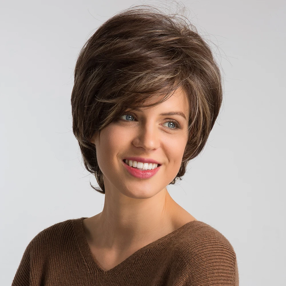 Short Brown Highlight Wig for Women, Pixie Cut