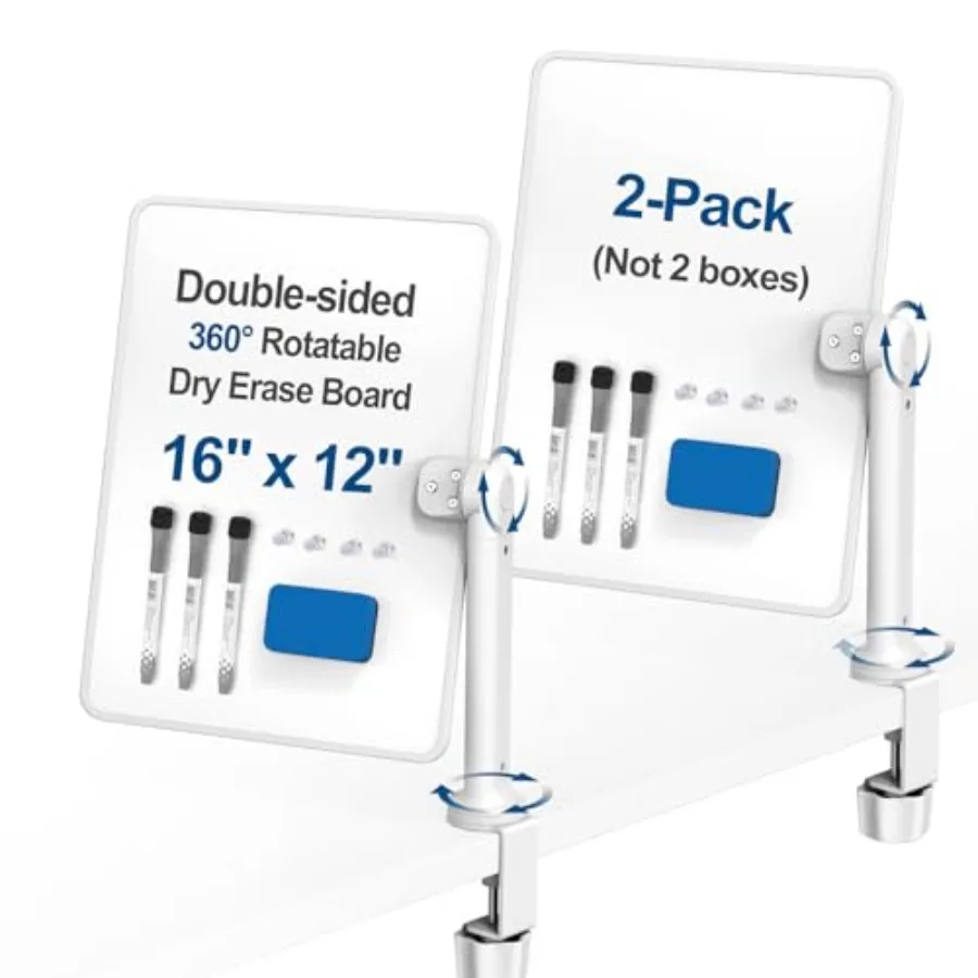 

Double-Sided Desk Whiteboard with Dual 360 Swivel - 6" x " Clamp-On Desktop Whiteboard for Tables Under.3" Thick for Office Hom