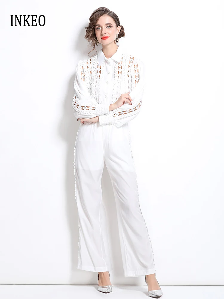 

Элегантный женский кружевной комплект из 2 предметов. Высококачественная ажурная рубашка. Кружевная лоскутная блузка и длинные брюки с эластичной резинкой на талии INKEO 4T246.