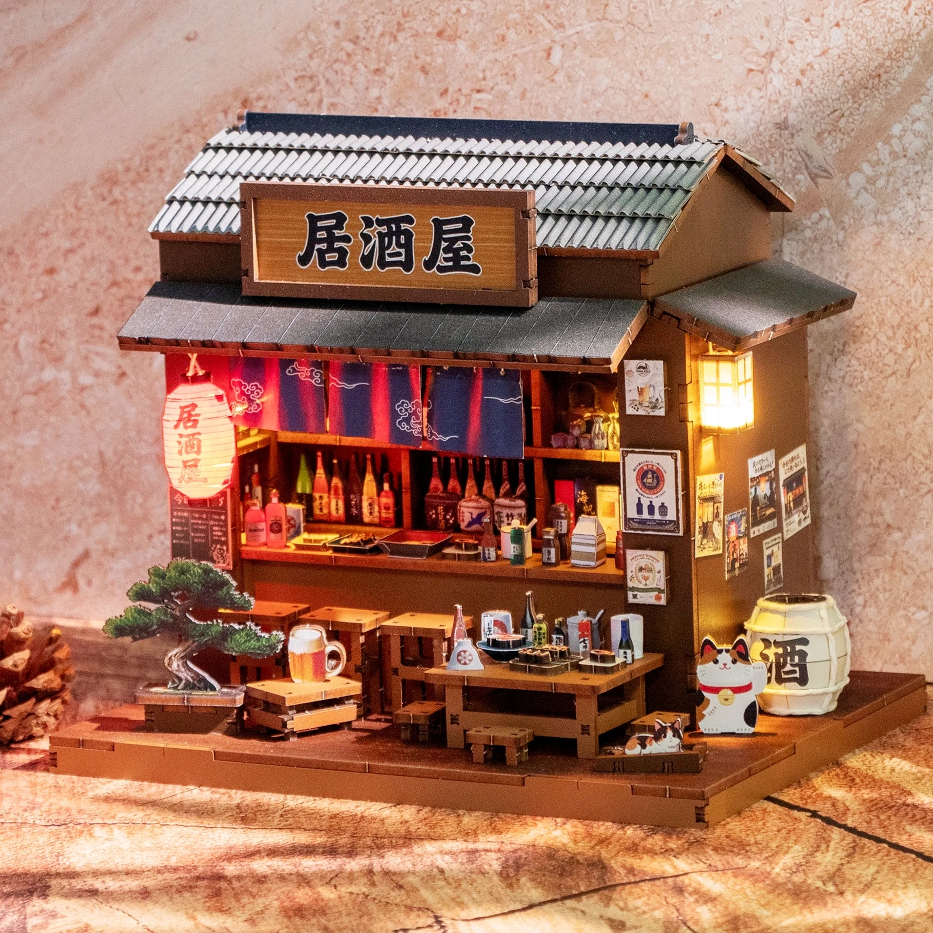 DIY Wooden Japanese Izakaya Cottage Miniature Dollhouse 3D Puzzle Assembly Model Kit for Friends Birthday Gifts Home Decoration