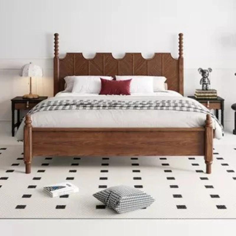 Middle ancient style red oak solid wood carving flower wedding bed master bedroom bed