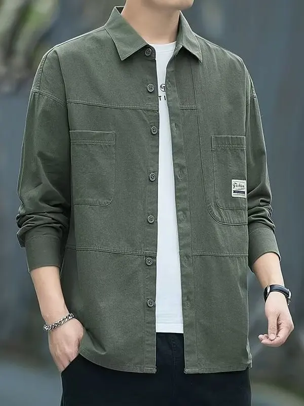 

Casual Loose Long Sve irt Men's Faionable Pure Color Turn-down Collar Thin Sle Workwear Leisure Outerwear Top