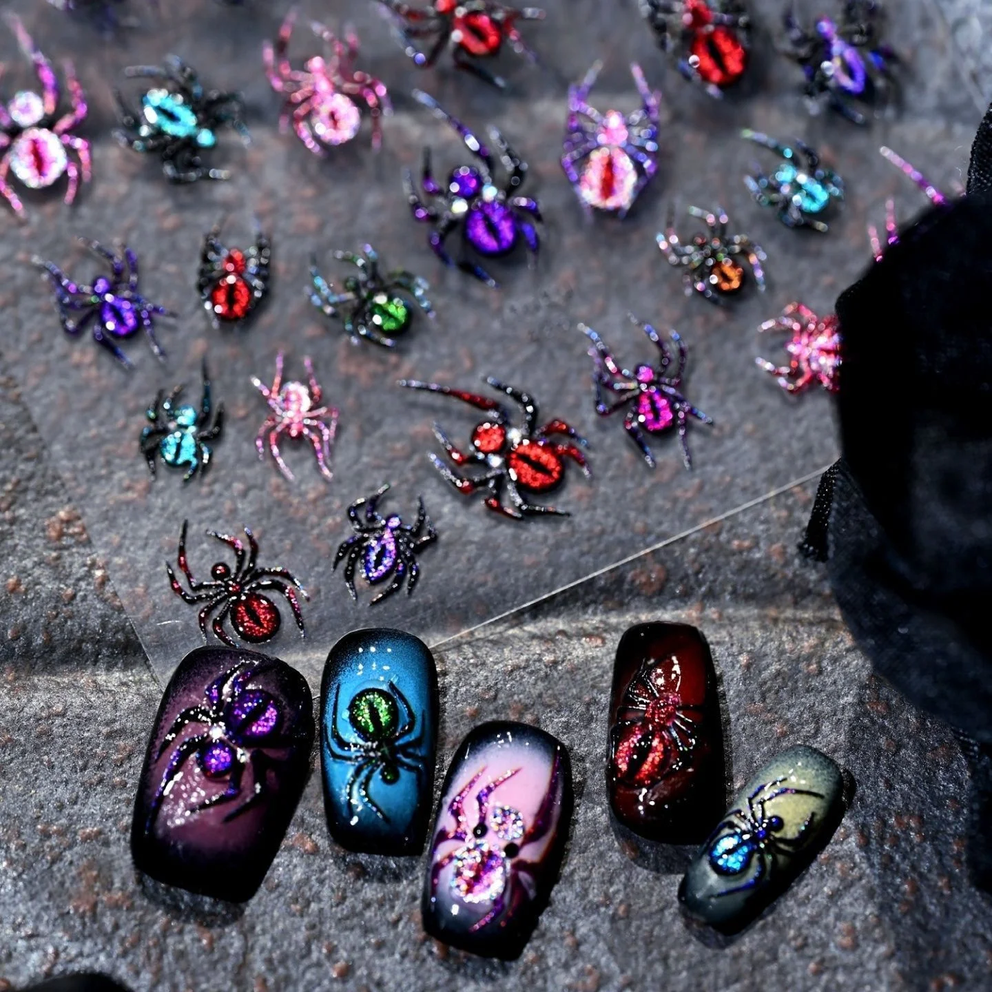 5D Halloween Cat eye Spiders Stickers for Nail Art Shine under Light Devil Eyes Spider Design Self-adhesive Slider Nail Supplies