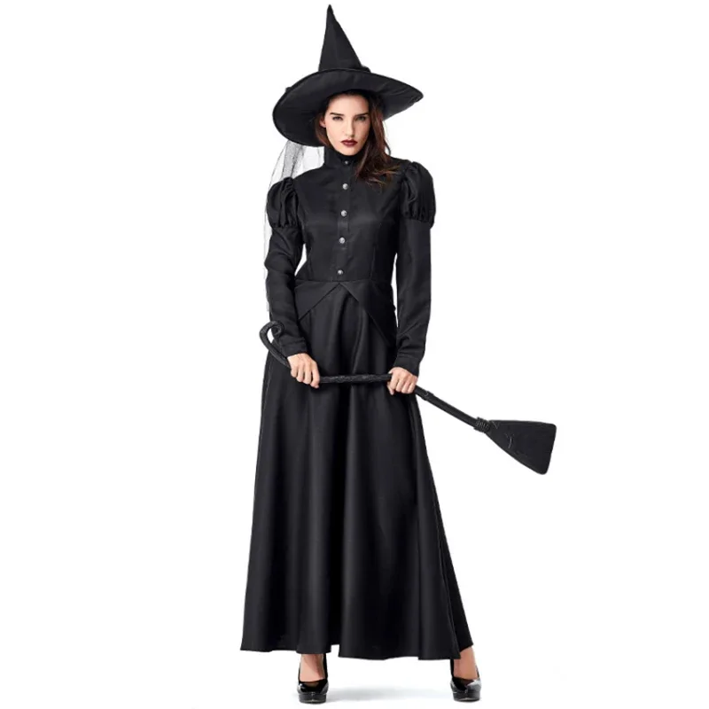 Halloween Wizard Cosplay Traje para crianças e adultos, fantasia de bruxa deluxe, vestido de corpo inteiro, preto