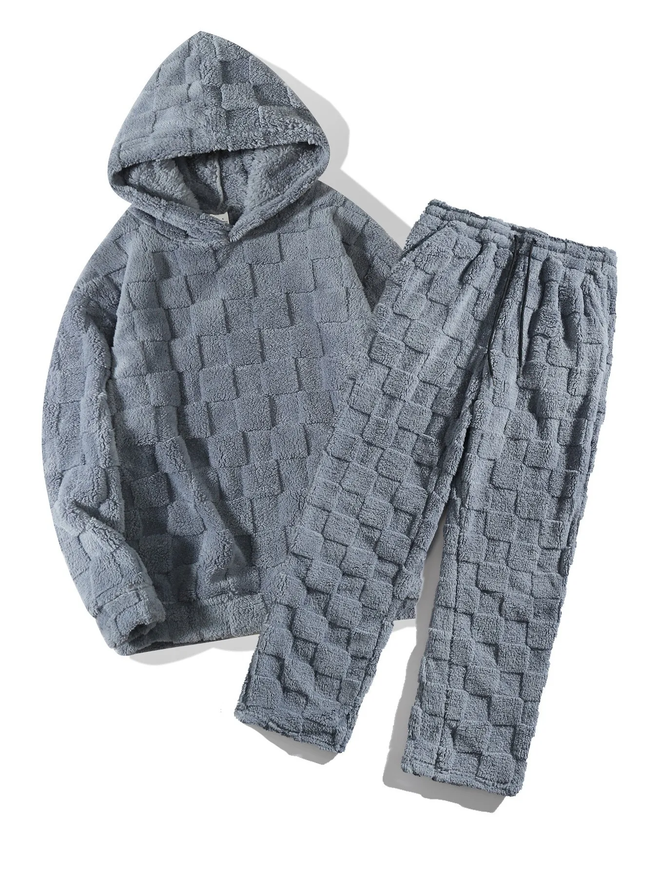 

Новый осенне-зимний теплый клетчатый двусторонний плюшевый пуловер и брюки из двух предметов для мужчин, с капюшоном, подходит для