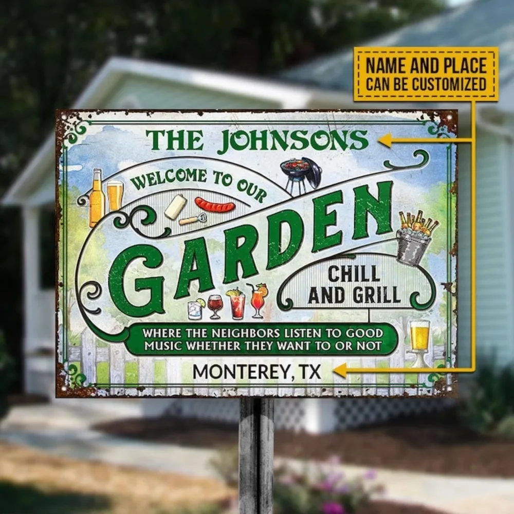 CIFbuy Custom Metal Garden Decor Sign, Personalized Garden Grilling Neighbors Gather Fresh Produce Plant Smiles Plaque