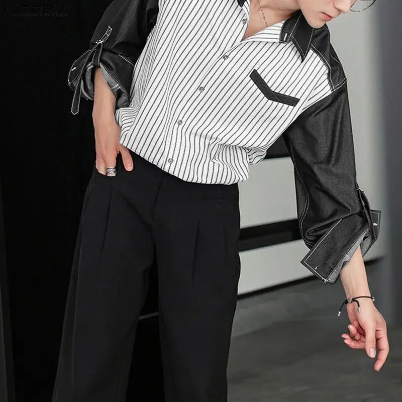 INCERUN الرجال قميص مخطط المرقعة اللون كتلة التلبيب كم طويل الرجال الملابس فضفاضة الشارع الشهير الكورية نمط بلوزات غير رسمية على الموضة