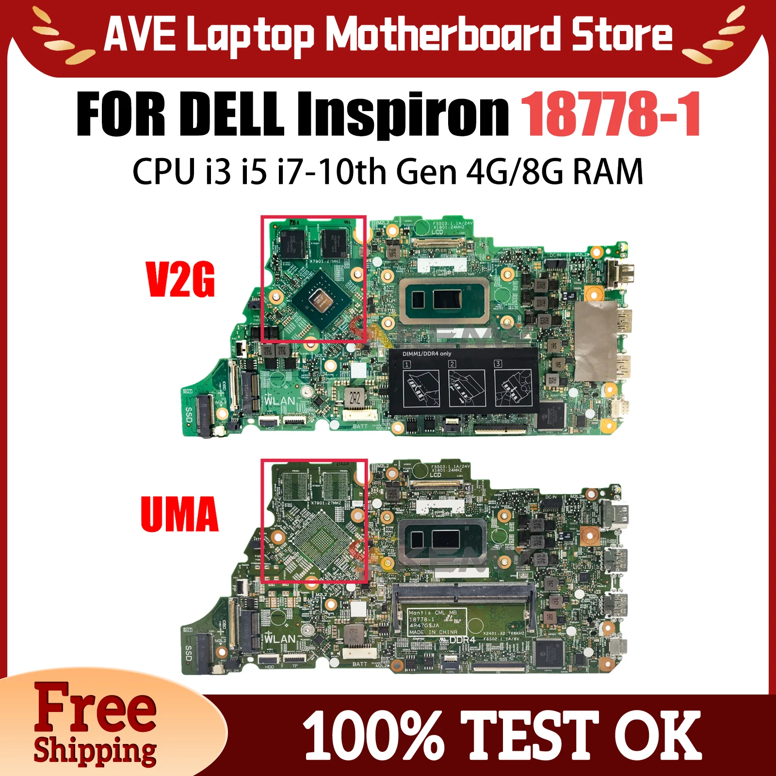 Motherboard Laptop untuk DELL Inspiron 5490 18778-1 00V7R1 01M6H4 0355T5 Notebook Mainboard I3 I5 I7 10th Gen CPU 4G 8G RAM