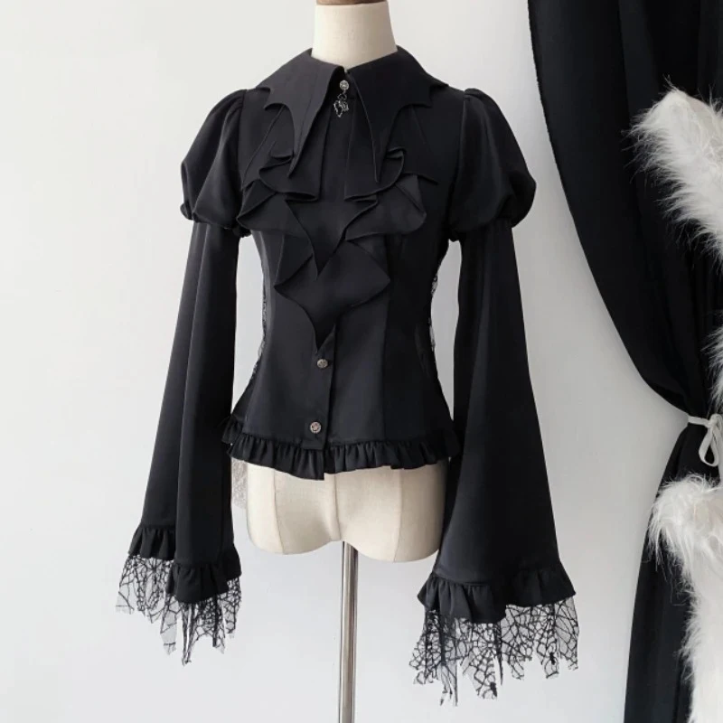 Women Casual Gothic Mesh Victorian Vintage Lolita Style Shirt Lantern Sleeve Slim Blouse Female Y2k Aesthetic Kawaii Tops Blusas