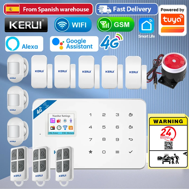 Système d'alarme antivol intelligent KERUI Tuya 4G/WiFi, kits d'alarme domestique, protection de sécurité, détecteurs de mouvement PIR 433MHZ, W184