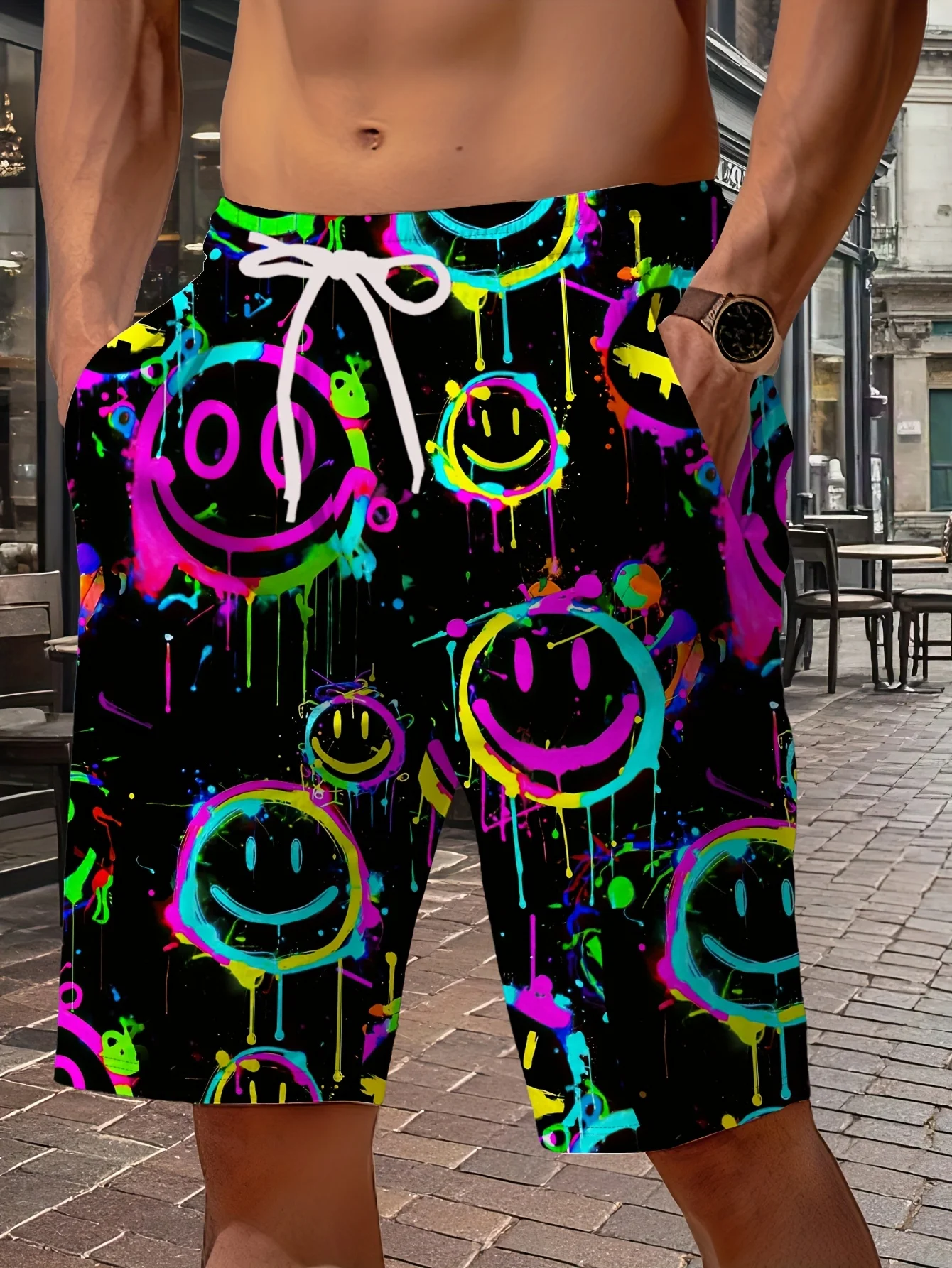 

2026 Summer New Men's Shorts with 3D Happy Face Pattern Print for Street Casual Fashion Comfortable and Breathable