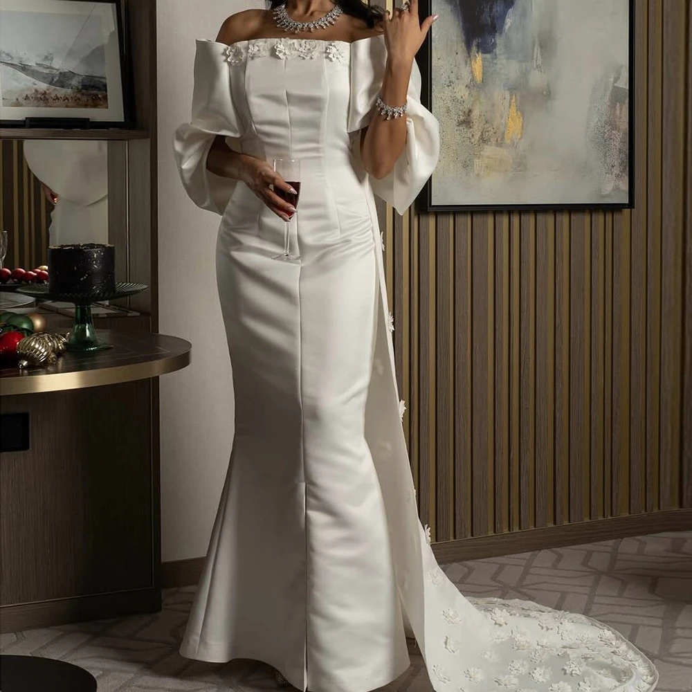 

Customized Mermaid Evening Dresses Floor-length Off The Shoulder Half Sleeve Prom Gown Fashion Flowers Simple Draped Party Gown