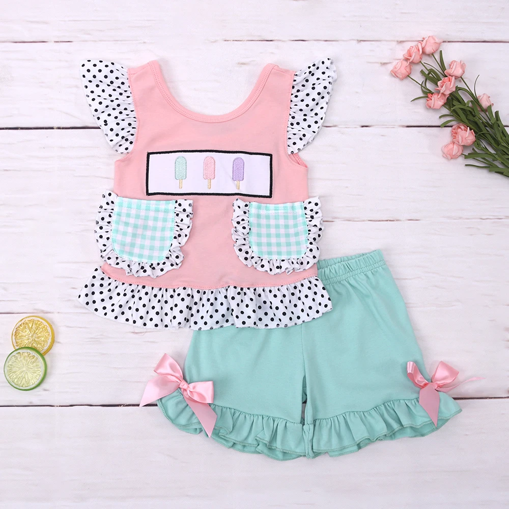 

Baby Girl Clothes Set 2pcs Cotton Suit Ice Cream Embroidery Bodysuit Babi Pink T-shirt Stops Outfits Mint Shorts 1-8T Toddler