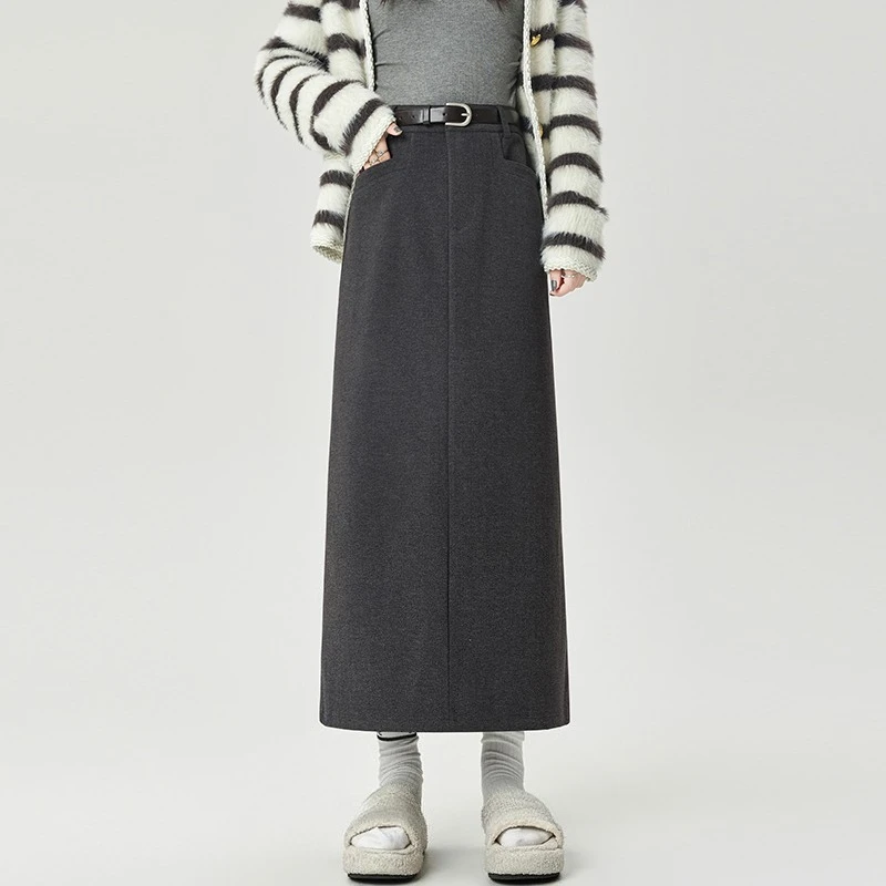 

Seoulish Autumn Winter High Waist Woolen Women's Straight Long Skirts 2025 New Solid Korean Straight A-line Wrap Skirts Female