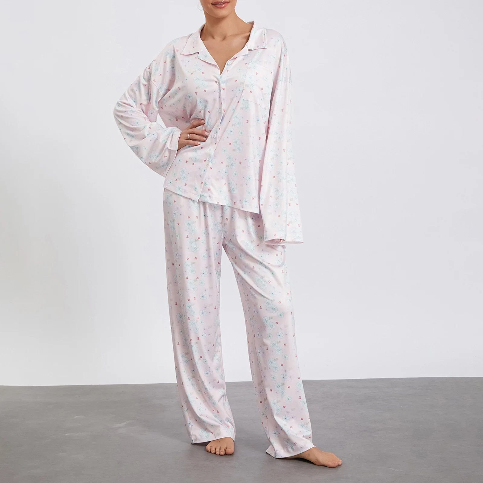 Women Sleepwear Loungewear Loose 2 Pieces Print Sweet Long Sleeve Lapel Neck Shirt Tops and Elastic Waist Pants Pajamas Set