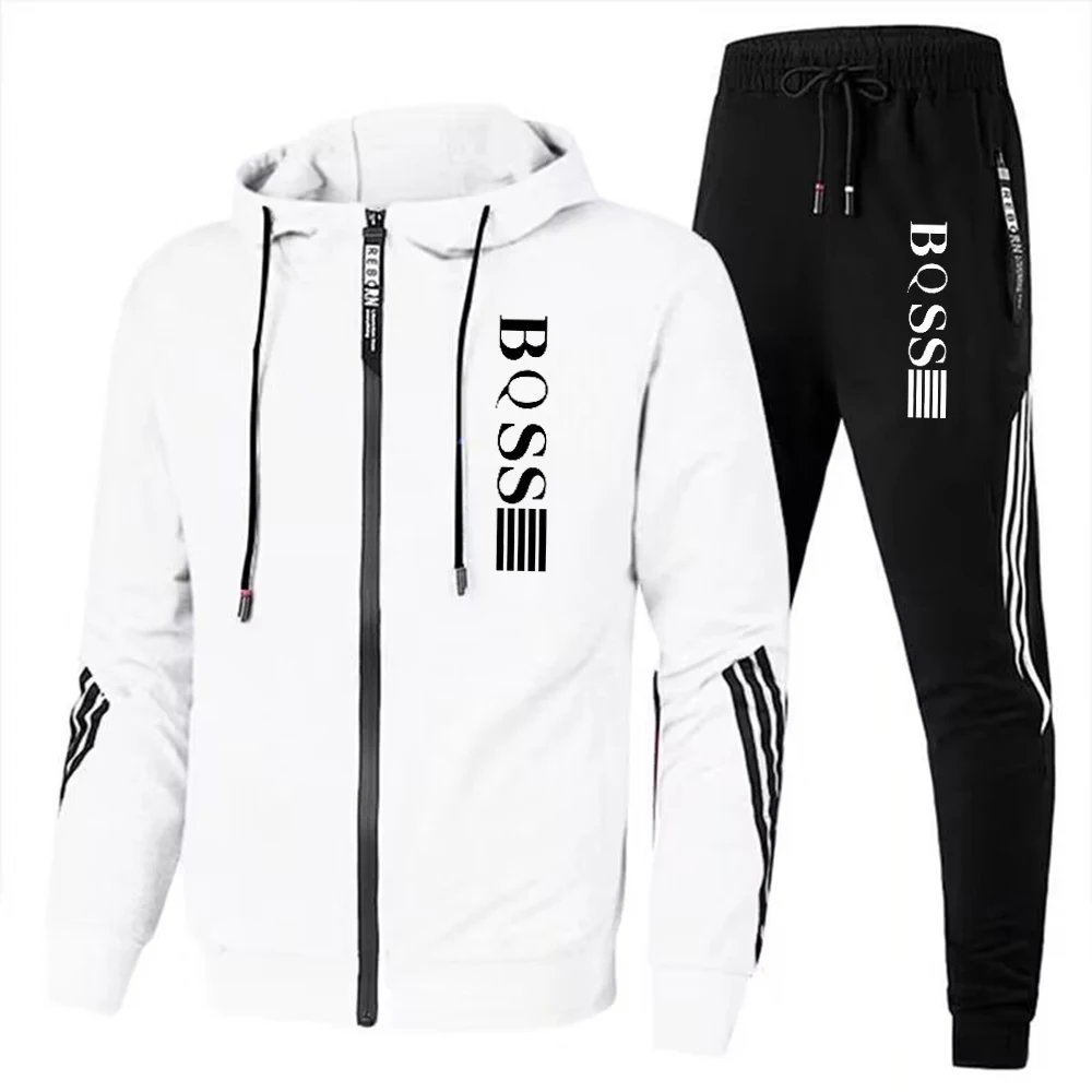 2024 new, men's three bar casual suit, men's shawl and printed with shiny logo pants, men's fitness suits, sports