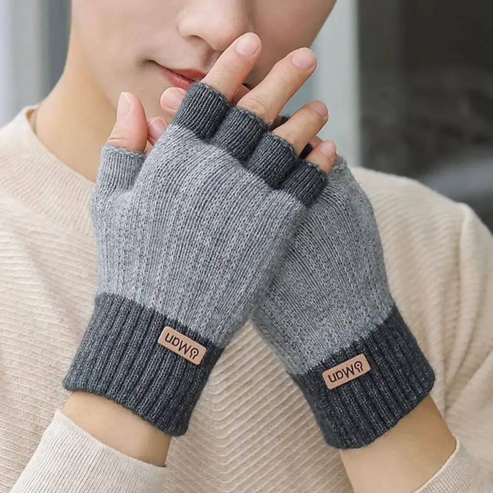 1 Pair Fall Winter Gloves Plush Half Fingers Windproof Warm Gloves Indoor Outdoor Writing Typing Student Gloves Thickened