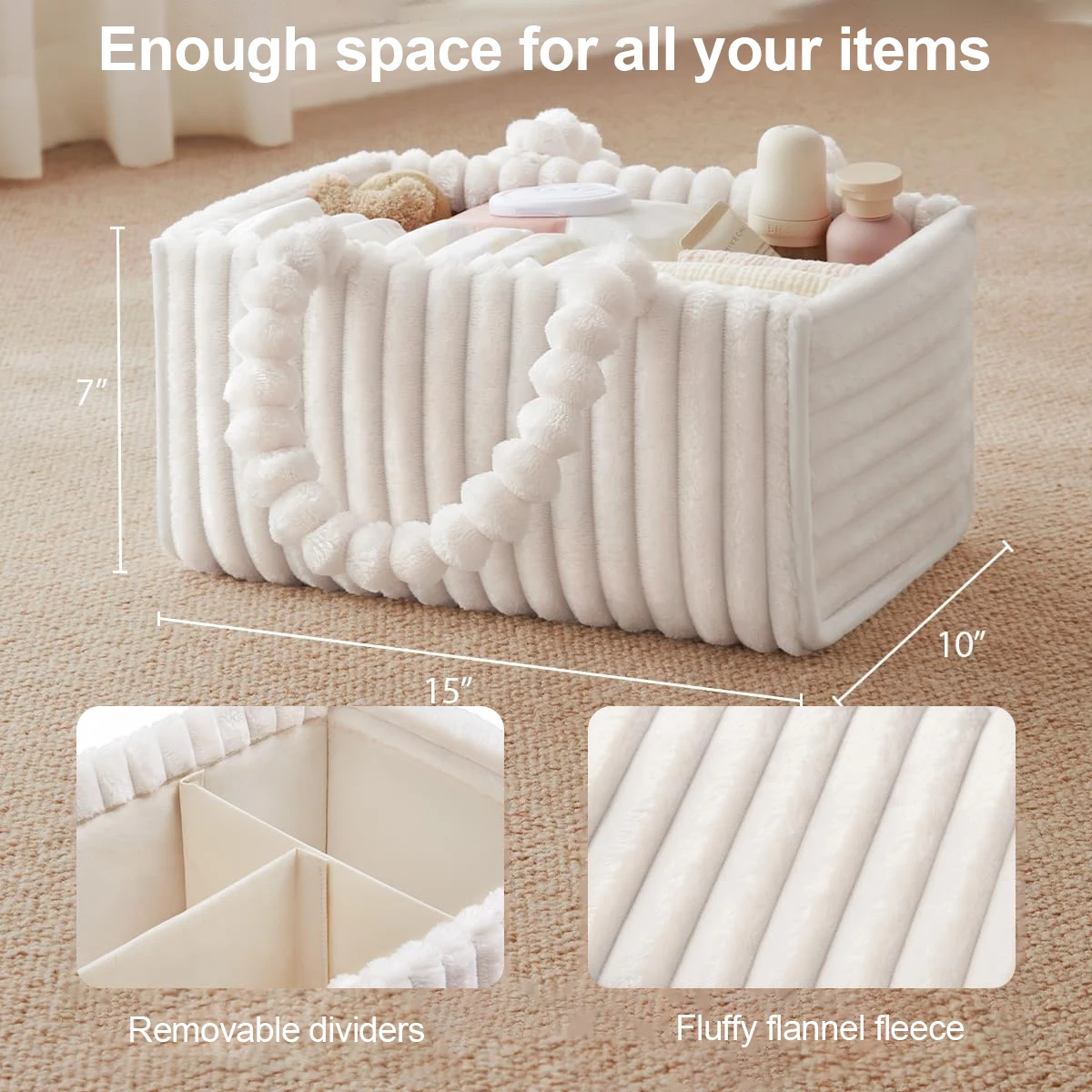 Flannel Diaper Caddy Organizer, Cozy Nursery Storage Basket, Gift for Baby Shower, Newborn Essentials, Cream Beige