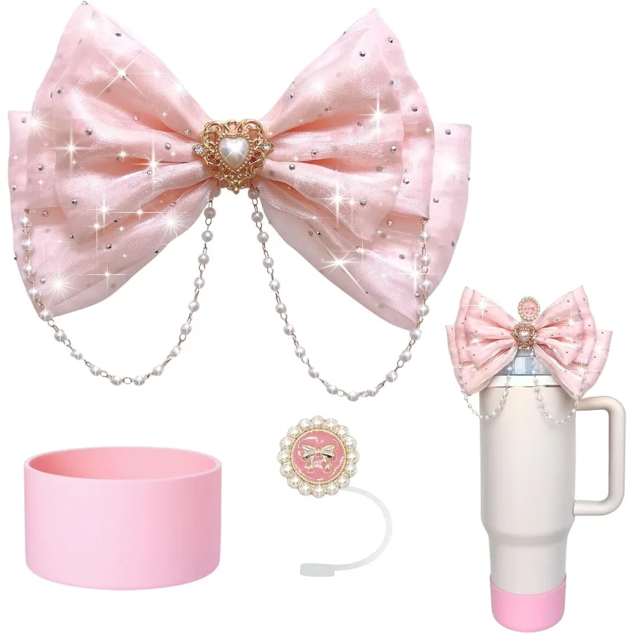 

Bling Bow Straw Topper Pearl Bow Lid Cup Accessories Cute Straw Cover Cap Silicone Boot Protector 3 PCS Sets for Tumbler Acce