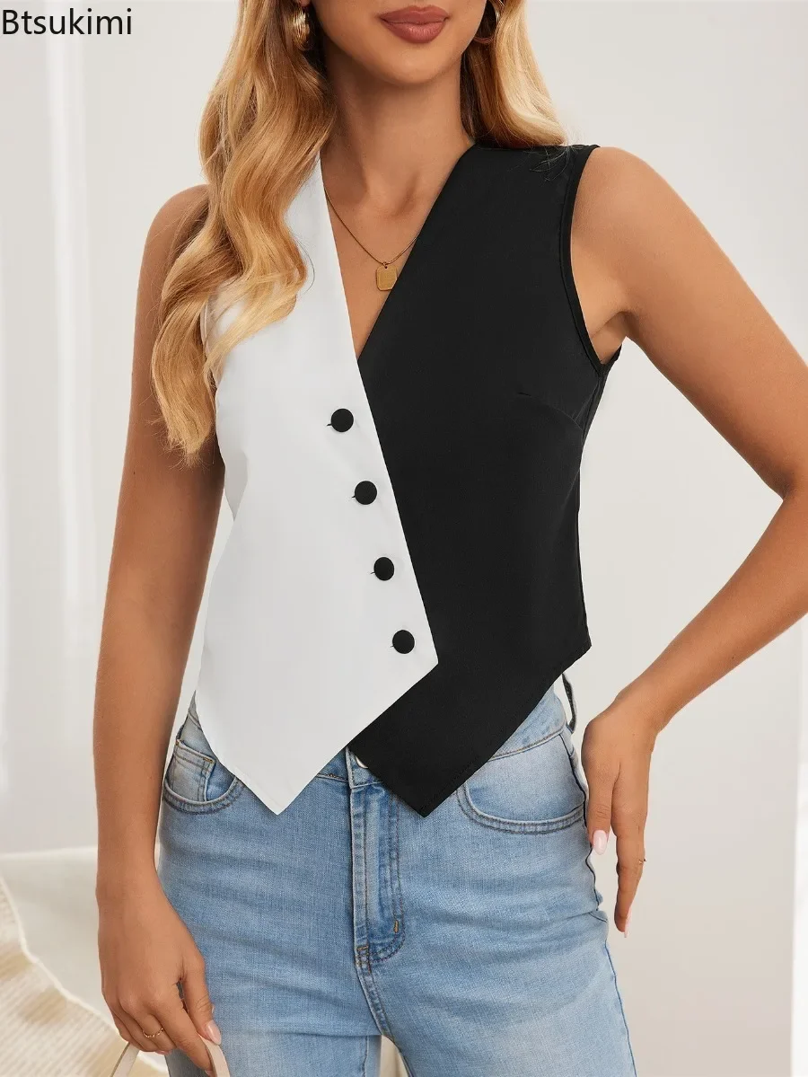 2025 Women's Suit Vest Stylish Black White Color Block Design Sleeveless Tank Tops Single Breasted V-neck Formal Waistcoat Femme