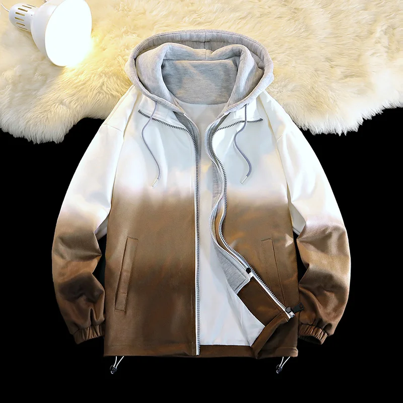 

New Trendy Casual Hooded Jaet Men's Spring Autumn Loose Fit Fake Two-Piece Jaet ular Brand Color Blo Sle