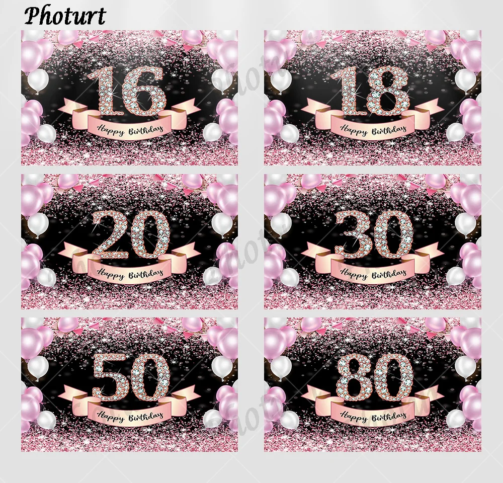 

PHOTURT Pink Sweet 16 Backdrop Girl Birthday Decor Background Age Custom Glitter Diamond Vinyl Polyester Photography Props